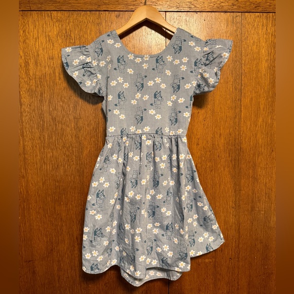 BLUEY chambray floral skater dress with winged ruffle sleeves, open back bow 7-8 - Picture 2 of 6